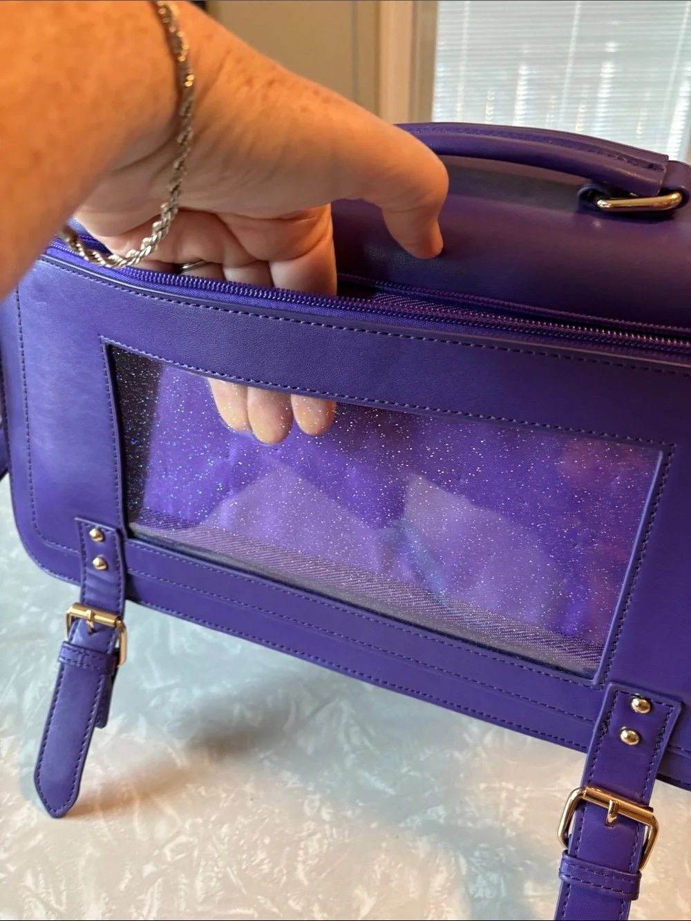FUNKY SEA CREATURES book bag. Faux purple leather. Bright red and pink sea life.